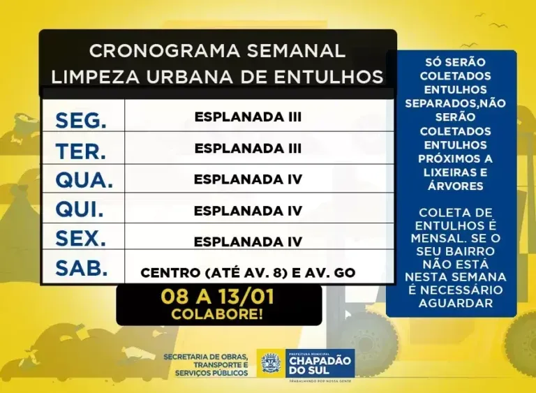 Imagem de compartilhamento para o artigo Confira o Cronograma de Limpeza Urbana semanal de Chapadão do Sul da MS Todo dia